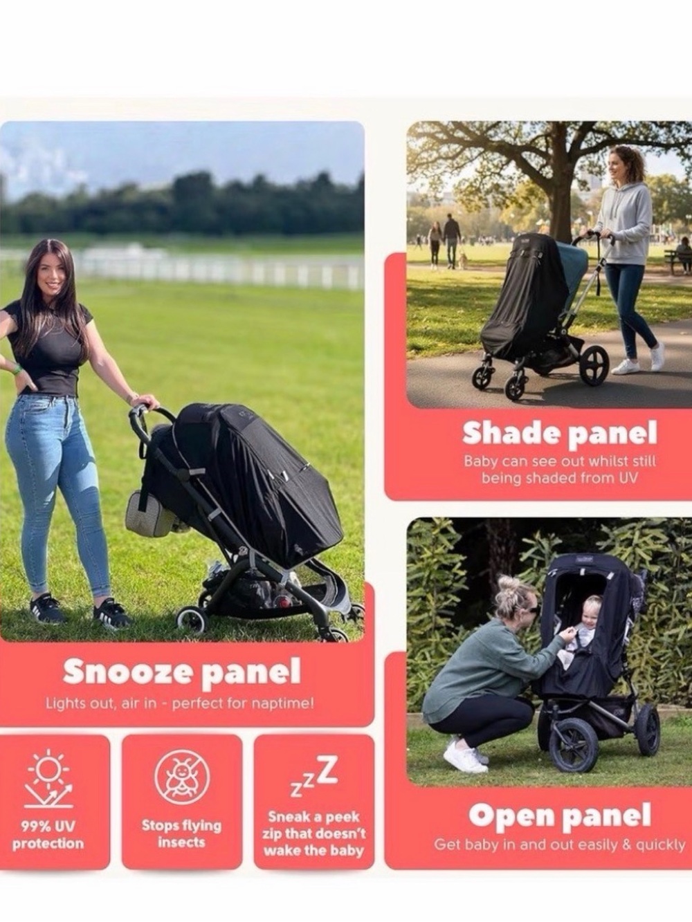 SNOOZESHADE Original Stroller Sun Shade Blackout Mesh 99% UV Protection Black - Picture 7 of 8